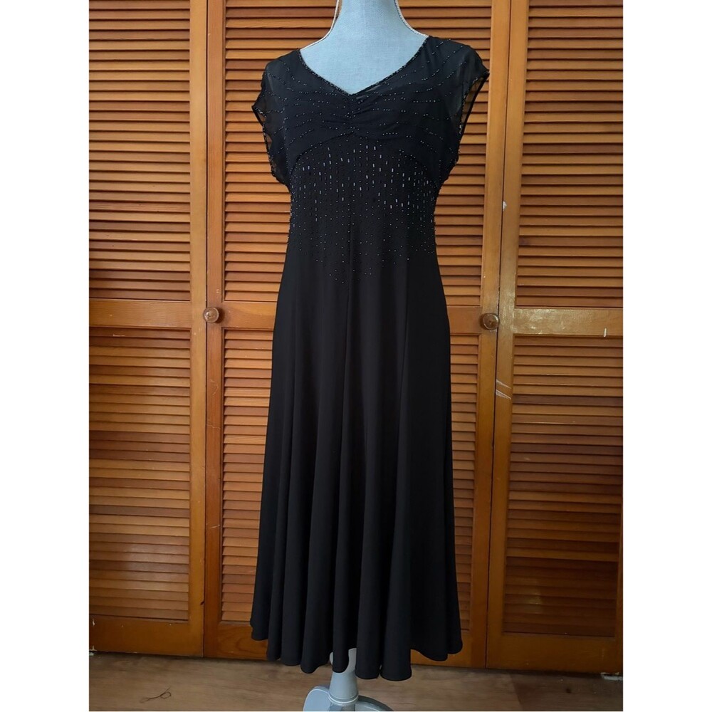 Y2K Beaded Silk Overlay Elegant Black  Cap Sleeve A Line Midi Dress